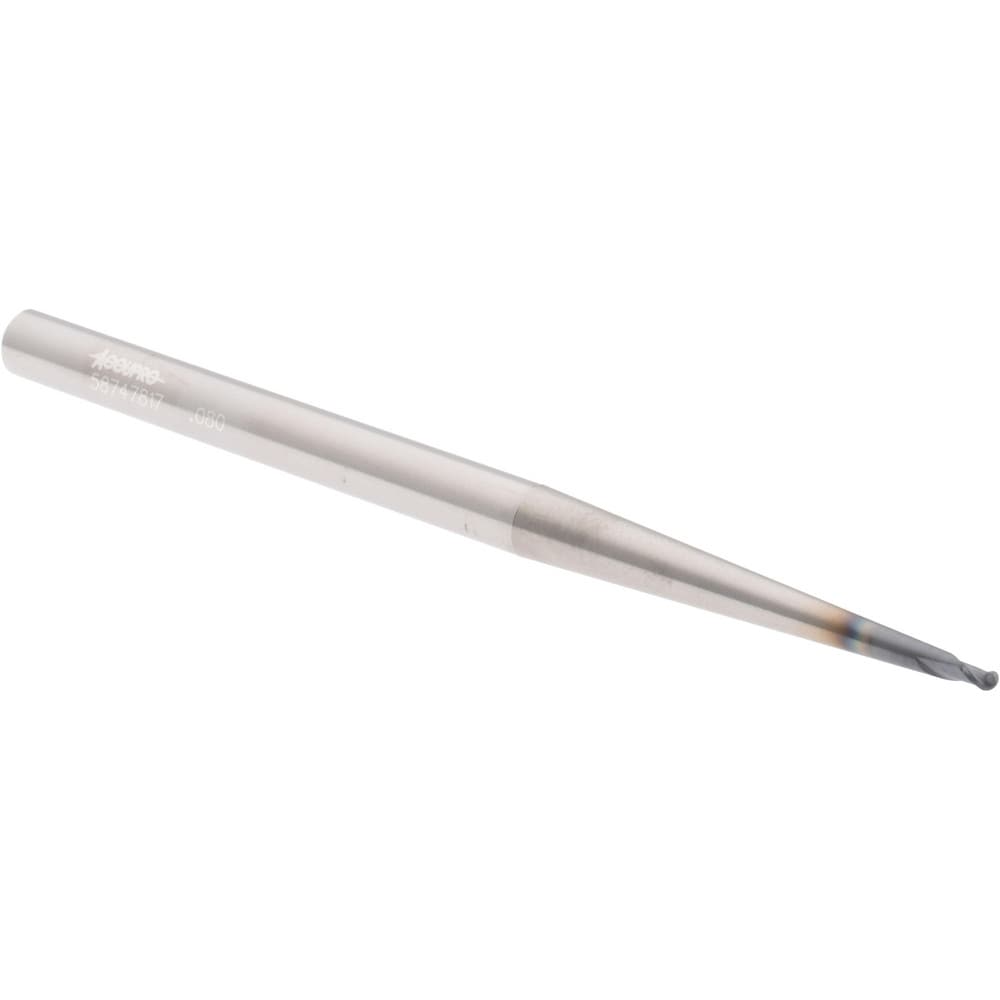 Ball End Mill: 0.08" Dia, 0.08" LOC, 2 Flute, Solid Carbide