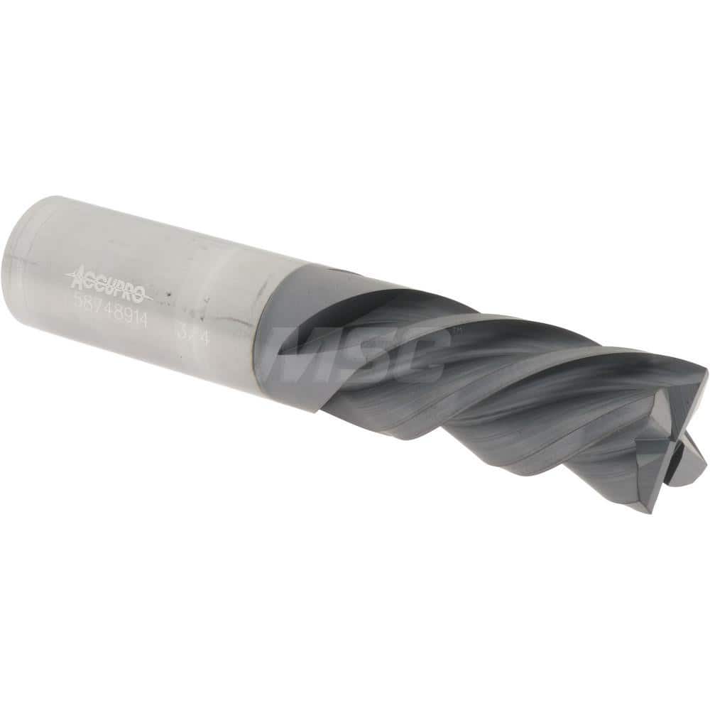 Accupro 12176983 Square End Mill: 3/4 Dia, 1-1/2 LOC, 3/4 Shank Dia, 4 OAL, 4 Flutes, Solid Carbide 