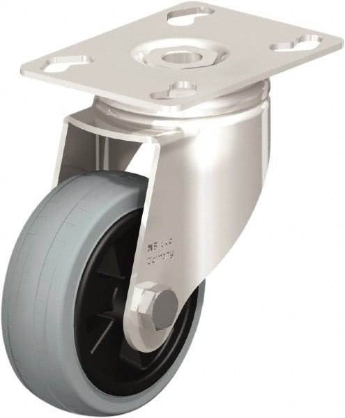 Swivel Top Plate Caster: Solid Rubber, 3" Wheel Dia, 63/64" Wheel Width, 176 lb Capacity, 4-3/8" OAH
