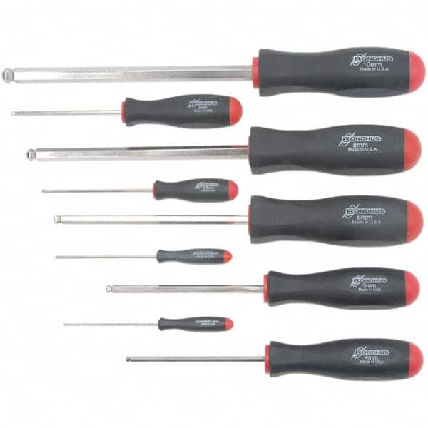 Bondhus 16699 Hex Driver Sets; Ball End: Yes; Size Range (Inch): 1.5 - 10; Number of Pieces: 9; Includes: 1.5, 2, 2.5, 3, 4, 5, 6, 8, 10 mm Screwdrivers; Features: Non-Slip Grip; Number Of Pieces: 9; Type: Screwdriver Set; Ball End; Hex Size (mm): 8 mm; 5 mm; 6 mm; 2.5 