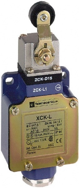 Telemecanique Sensors XCKL115H7 General Purpose Limit Switch: SPDT, NC, Roller Lever, Top 