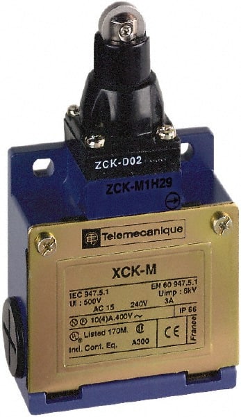 Telemecanique Sensors XCKM102H7 General Purpose Limit Switch: SPDT, NC, Roller Plunger, Top 