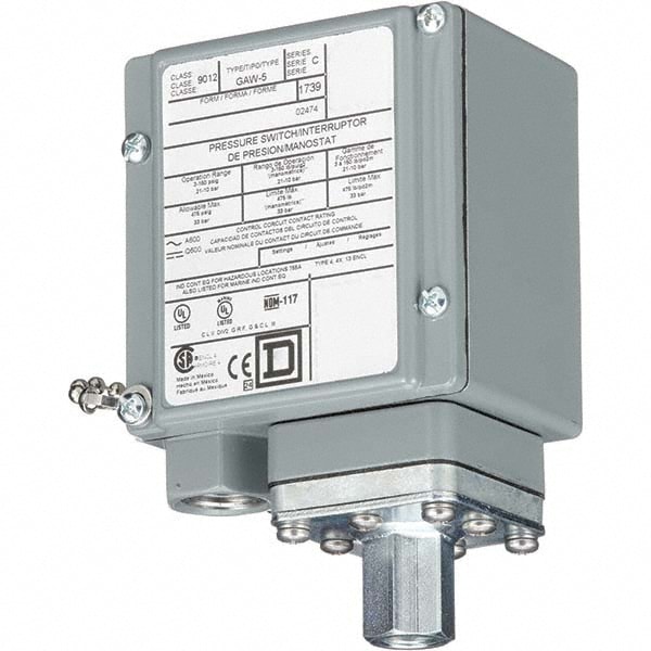 Square D 9012GAW5K1 4, 13 and 4X NEMA Rated, SPDT-DB, 3 to 150 psig, Electromechanical Pressure and Level Switch Image