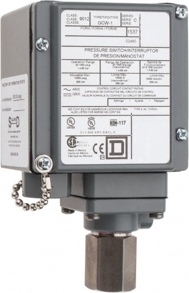 Square D 9012GCW1 4, 13 and 4X NEMA Rated, SPDT-DB, 20 to 1,000 psig, Electromechanical Pressure and Level Switch Image