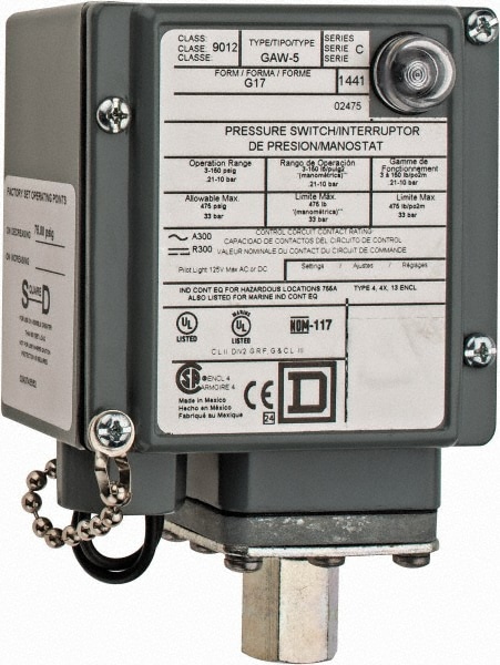 Square D 9012GAW5G17 4, 13 and 4X NEMA Rated, SPDT-DB, 3 to 150 psig, Electromechanical Pressure and Level Switch Image