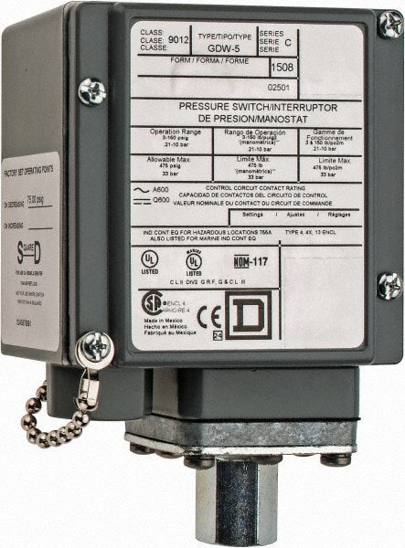 Square D 9012GDW5 4, 13 and 4X NEMA Rated, SPDT-DB, 3 to 150 psig, Electromechanical Pressure and Level Switch Image