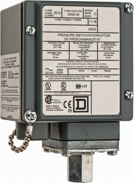 Square D 9012GAW26 4, 13 and 4X NEMA Rated, DPDT, 5 to 250 psig, Electromechanical Pressure and Level Switch Image