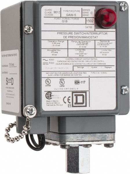 Square D 9012GAW5G18 4, 13 and 4X NEMA Rated, SPDT-DB, 3 to 150 psig, Electromechanical Pressure and Level Switch Image