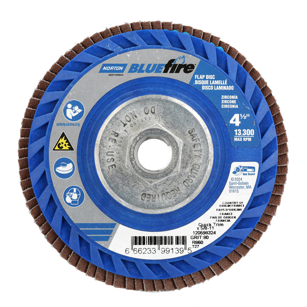 Norton | BlueFire Flap Disc: 4-1/2" Dia, 80 Grit, Zirconia Alumina, Type 27 - Coated, Medium Grade, Cotton-Backed, 13300 Max RPM | Part #66623399139