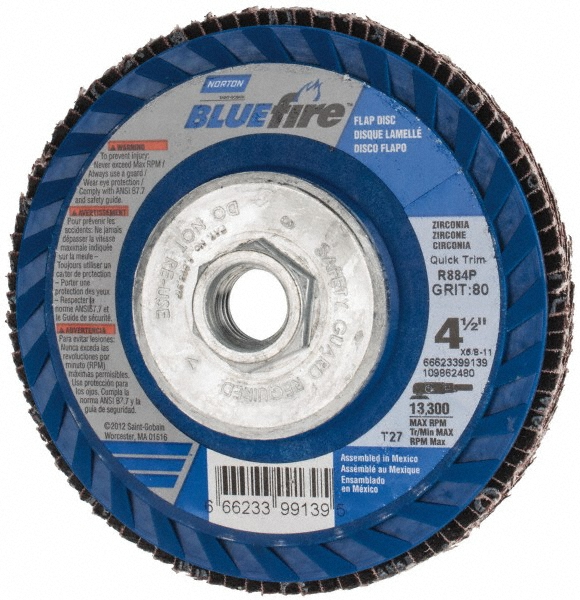 Flap Disc:  4-1/2" Dia, Zirconia Alumina, Type 27 - Coated, Medium Grade, Cotton-Backed, 13300 Max RPM