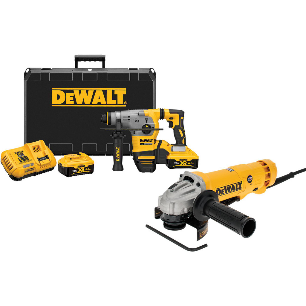 DeWALT 20V MAX XR® Cordless Brushless 1-1/8" SDS Plus L-Shape Rotary Hammer - BONUS 4-1/2" Angle Grinder, 11 Amp, 11000 RPM (Bare Tool)