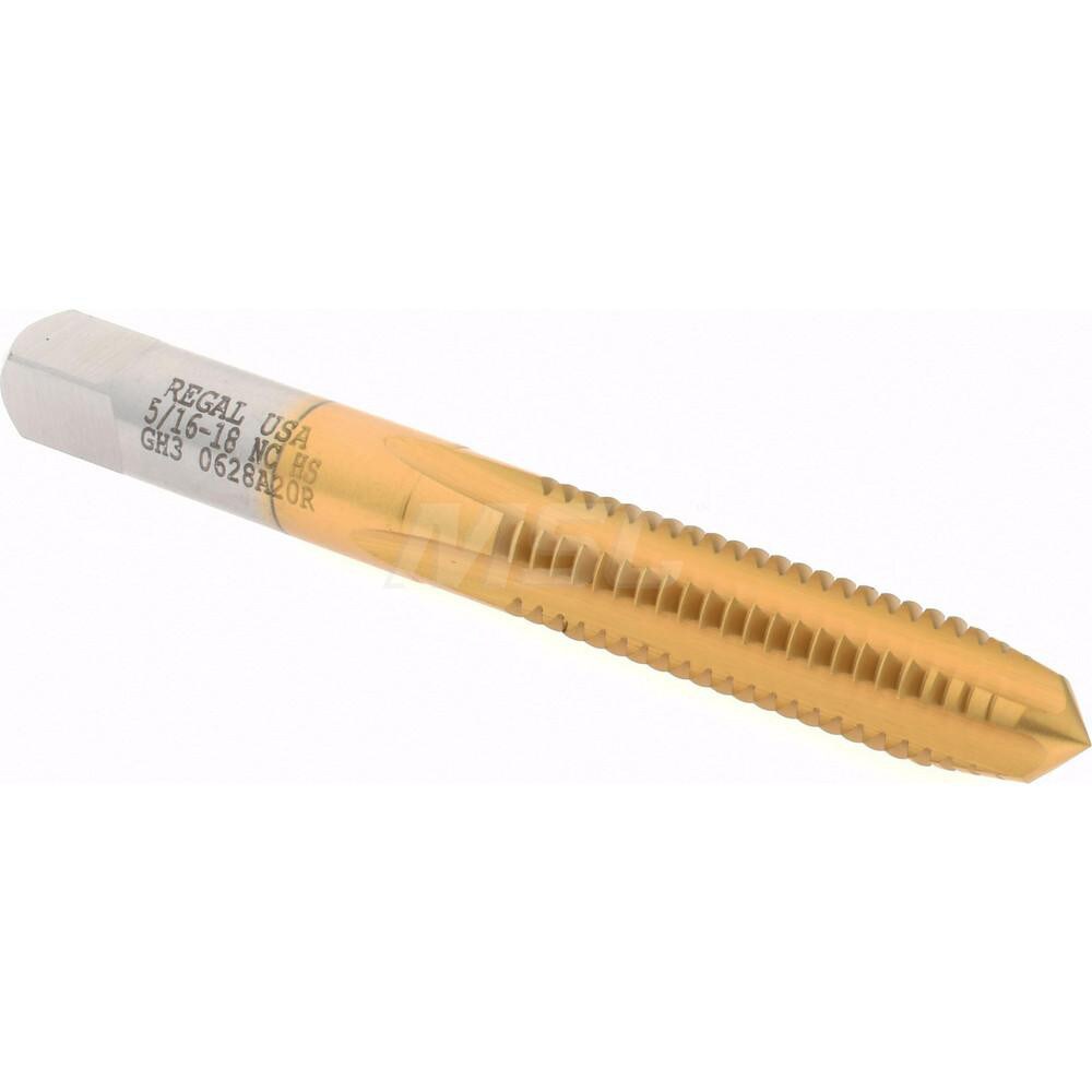 Straight Flutes Tap: 5/16-18, UNC, 4 Flutes, Plug, 3B, High Speed Steel, TiN Finish