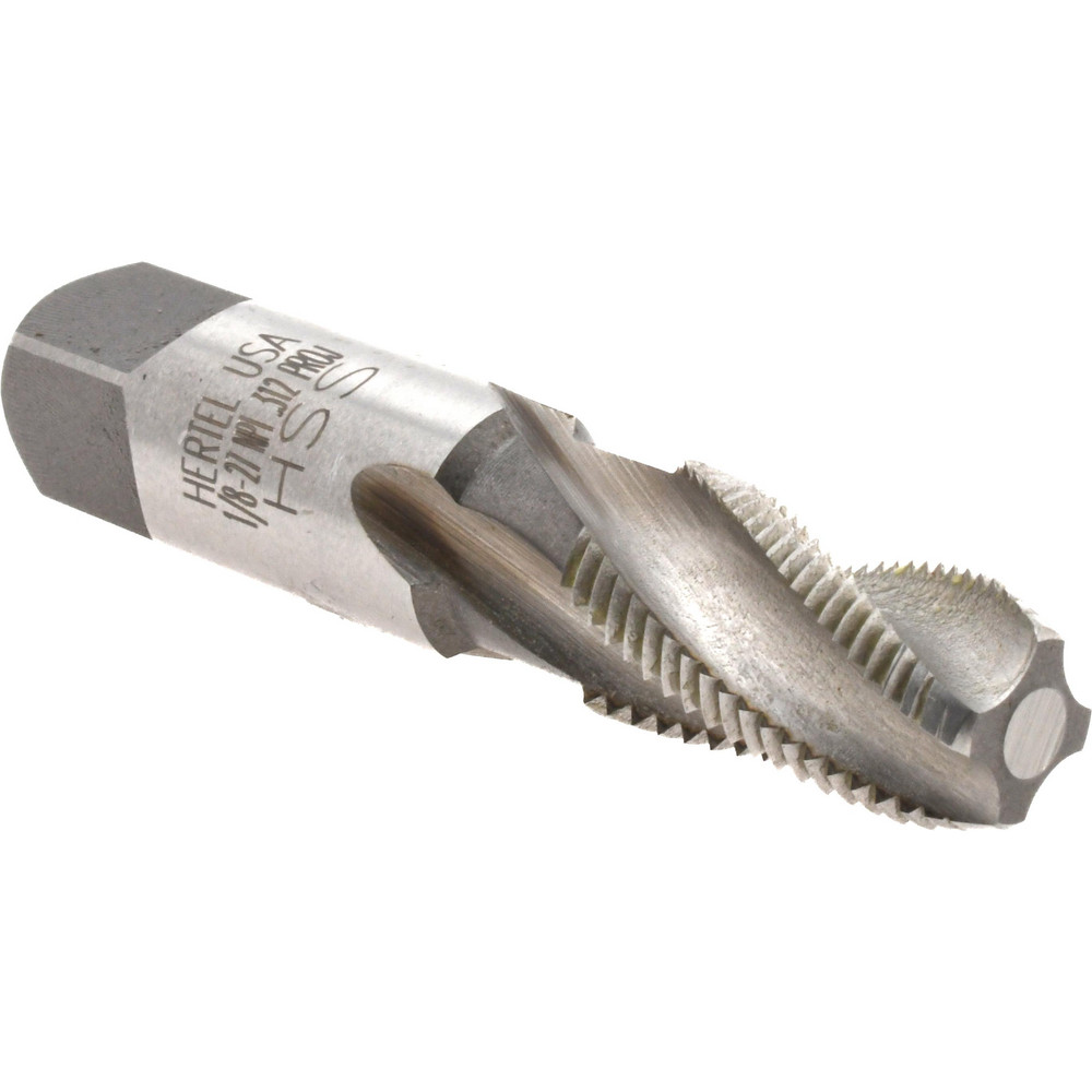 1/8-27 NPT, 15° Helix, 4 Flutes, Bright Finish, High Speed Steel, Spiral Flute Pipe Tap