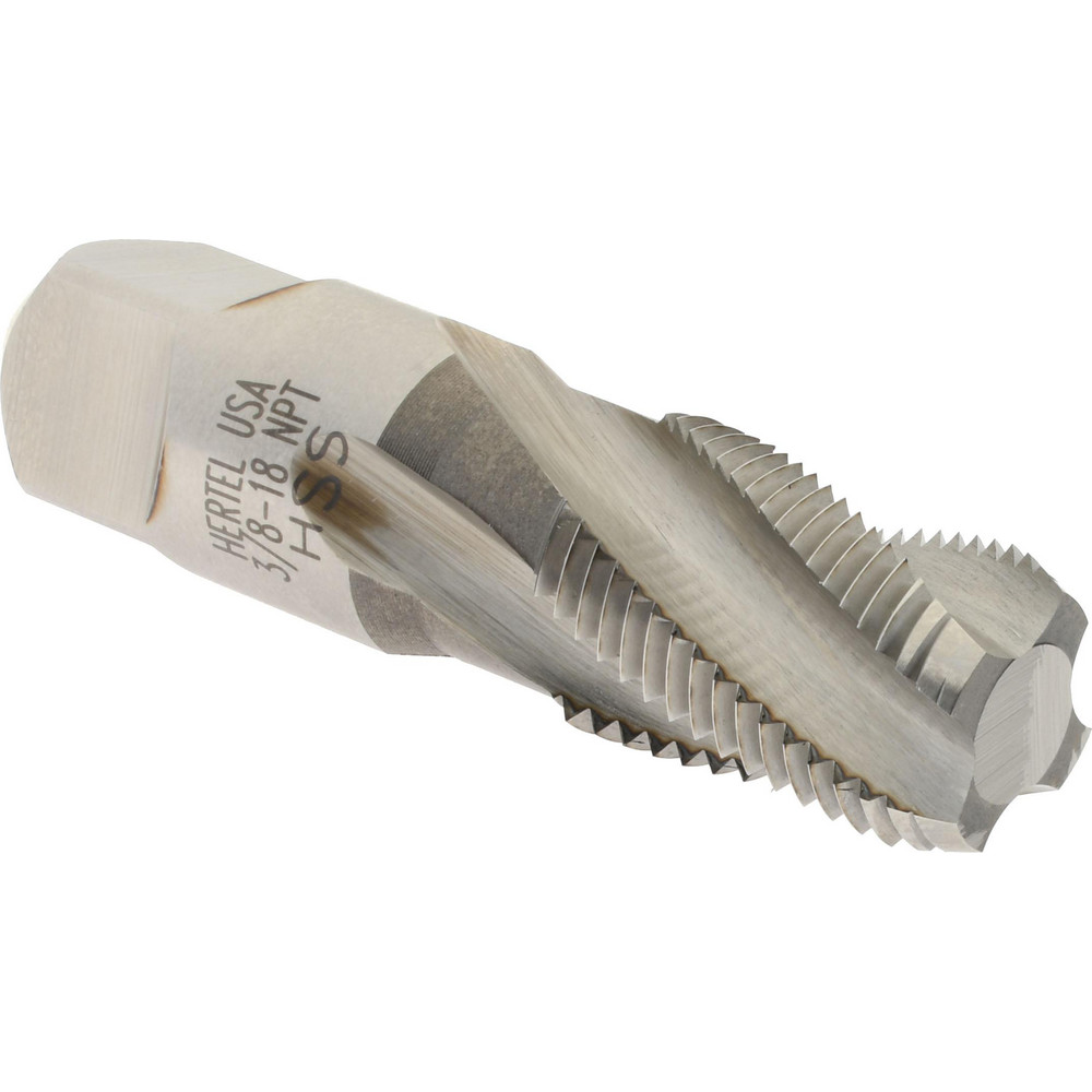 3/8-18 NPT, 15° Helix, 4 Flutes, Bright Finish, High Speed Steel, Spiral Flute Pipe Tap