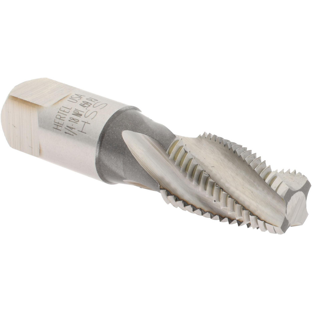 1/4-18 NPT, 15° Helix, 4 Flutes, Bright Finish, High Speed Steel, Spiral Flute Pipe Tap