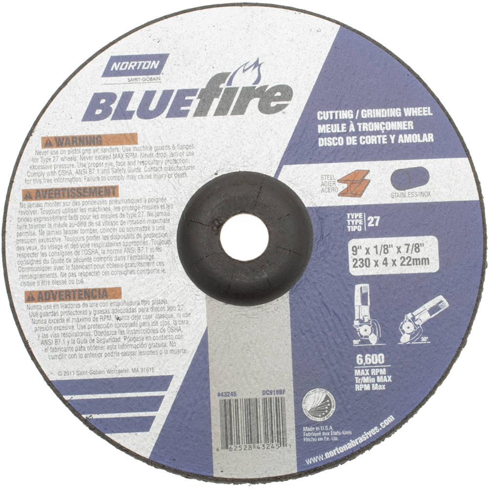 Depressed-Center Wheel: Type 27, 9" Dia, 1/8" Thick, 7/8" Hole, Zirconia Alumina - 30 Grit, Resinoid Bond, 6000 Max RPM, Use with Angle Grinder