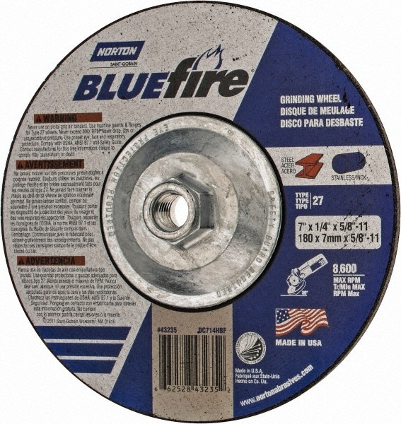 Depressed Center Wheel: Type 27, 7" Dia, Zirconia Alumina