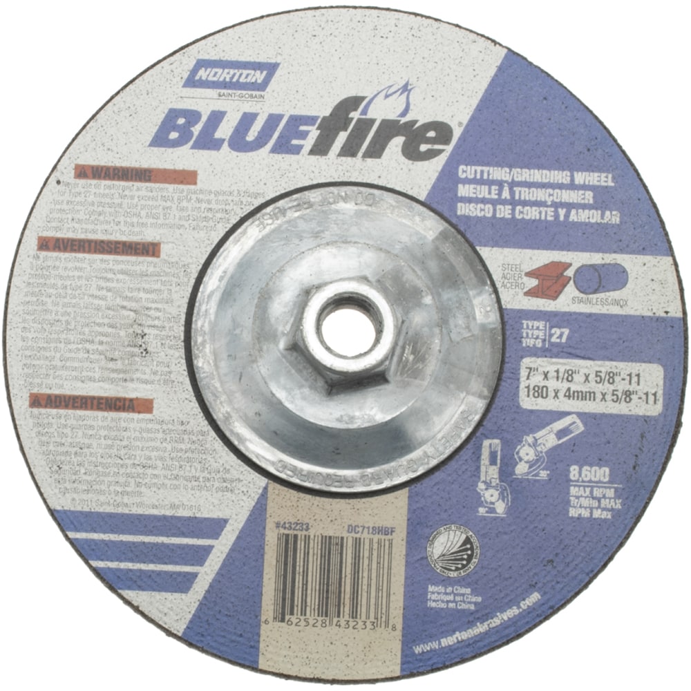 Depressed Center Wheel: Type 27, 7" Dia, Zirconia Alumina