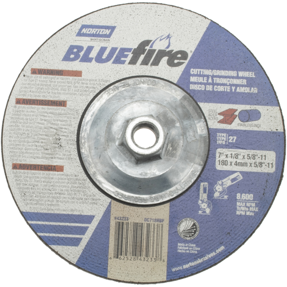 Depressed-Center Wheel: Type 27, 7" Dia, 1/8" Thick, 5/8-11 Hole, Zirconia Alumina - 30 Grit, Resinoid Bond, 8600 Max RPM, Use with Angle Grinder