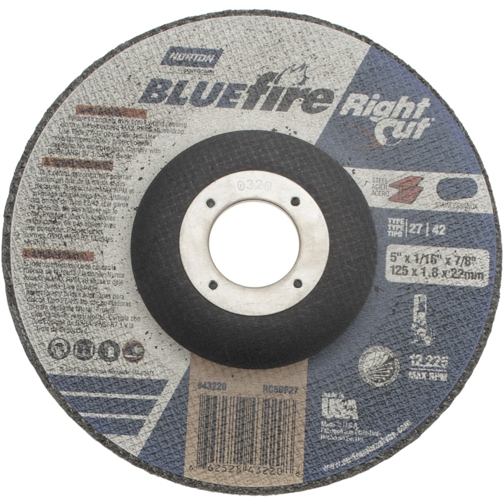 Depressed Center Wheel: Type 27, 5" Dia, 0.045" Thick, Zirconia Alumina