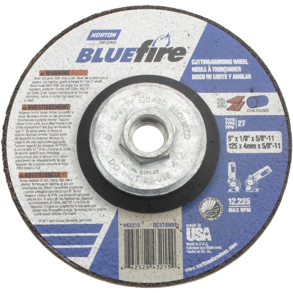 Depressed Center Wheel: Type 27, 5" Dia, Zirconia Alumina