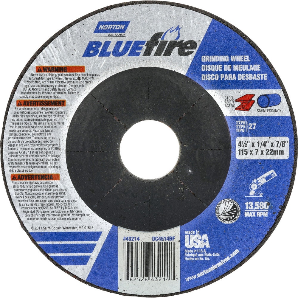 Depressed Center Wheel: Type 27, 4-1/2" Dia, Zirconia Alumina