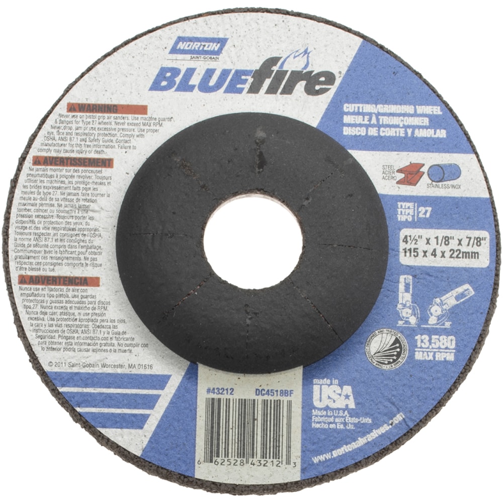 Depressed Center Wheel: Type 27, 4-1/2" Dia, Zirconia Alumina