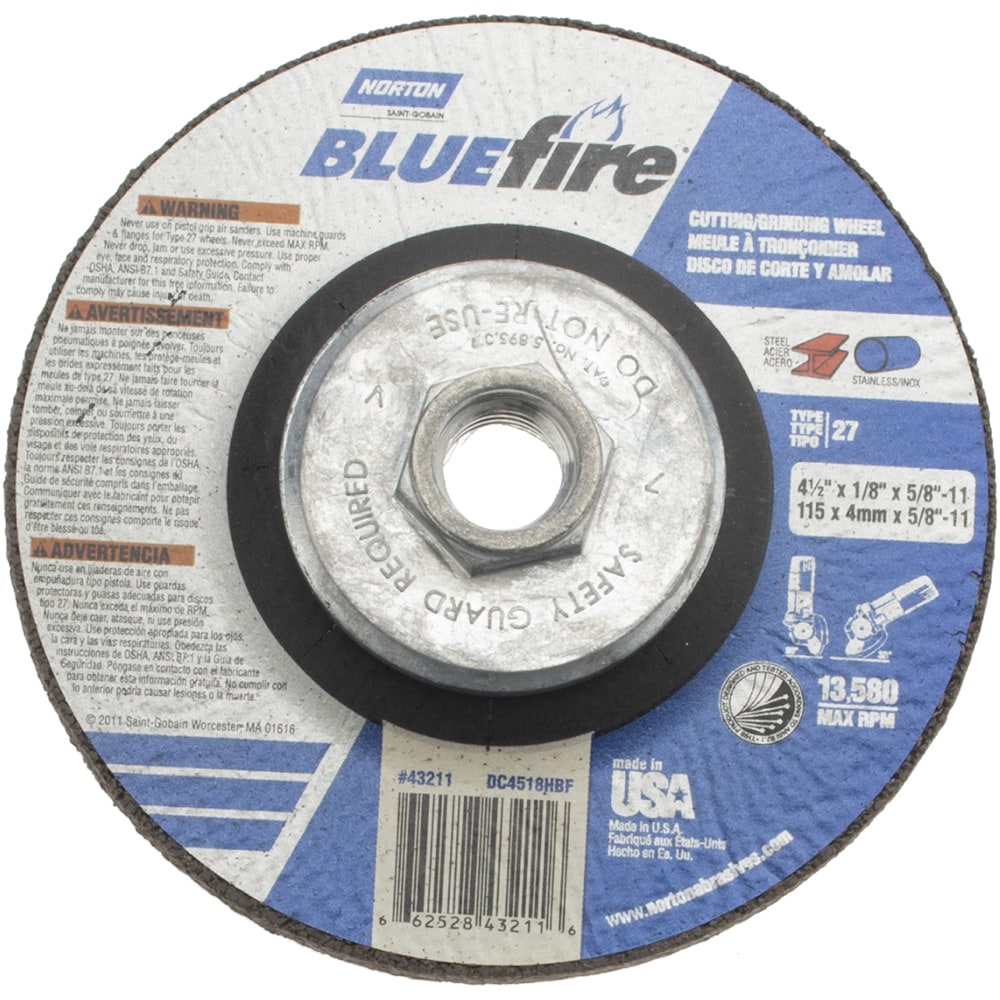 Depressed Grinding Wheel:  Type 27,  4-1/2" Dia,  1/8" Thick,  Zirconia Alumina