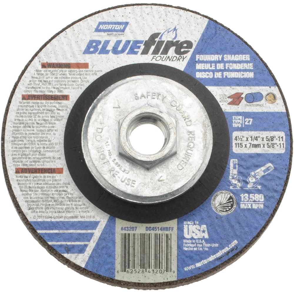 Depressed Grinding Wheel:  Type 27,  4-1/2" Dia,  1/4" Thick,  Zirconia Alumina & Silicon Carbide
