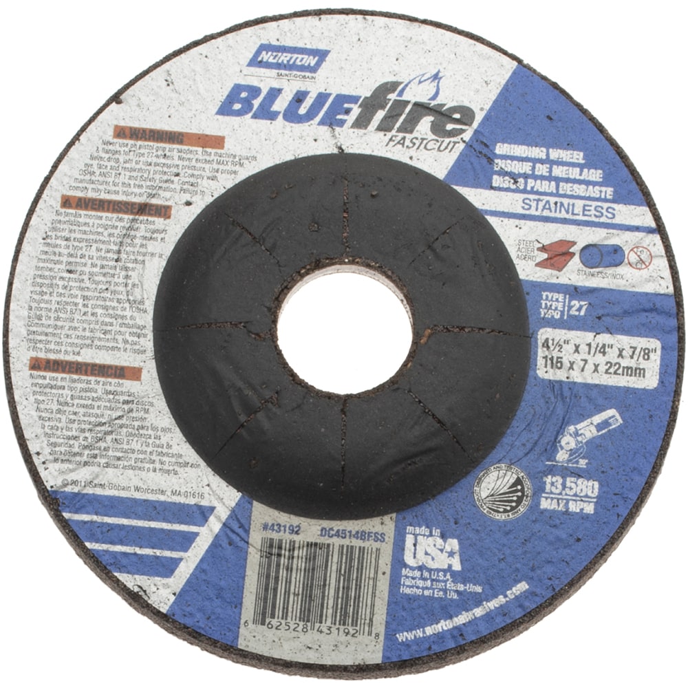 Depressed Center Wheel: Type 27, 4-1/2" Dia, Zirconia Alumina