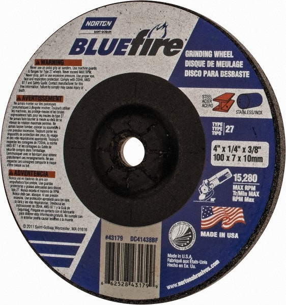 Depressed Center Wheel: Type 27, 4" Dia, Zirconia Alumina