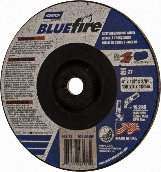 Depressed Center Wheel: Type 27, 4" Dia, Zirconia Alumina