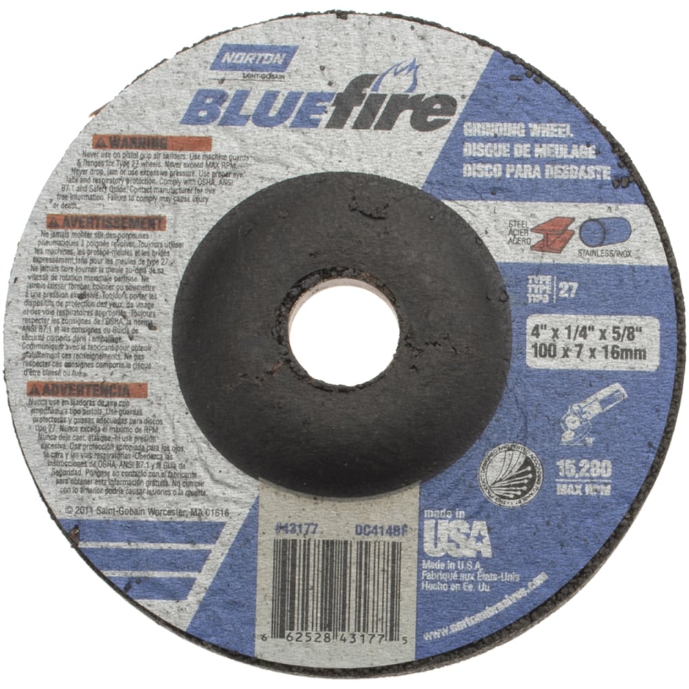 Depressed Grinding Wheel:  Type 27,  4" Dia,  1/4" Thick,  5/8" Hole,  Zirconia Alumina
