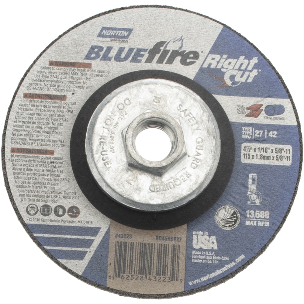 Depressed Center Wheel: Type 27, 4-1/2" Dia, Zirconia Alumina