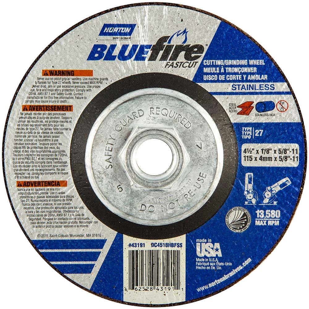 Depressed Center Wheel: Type 27, 4-1/2" Dia, Zirconia Alumina