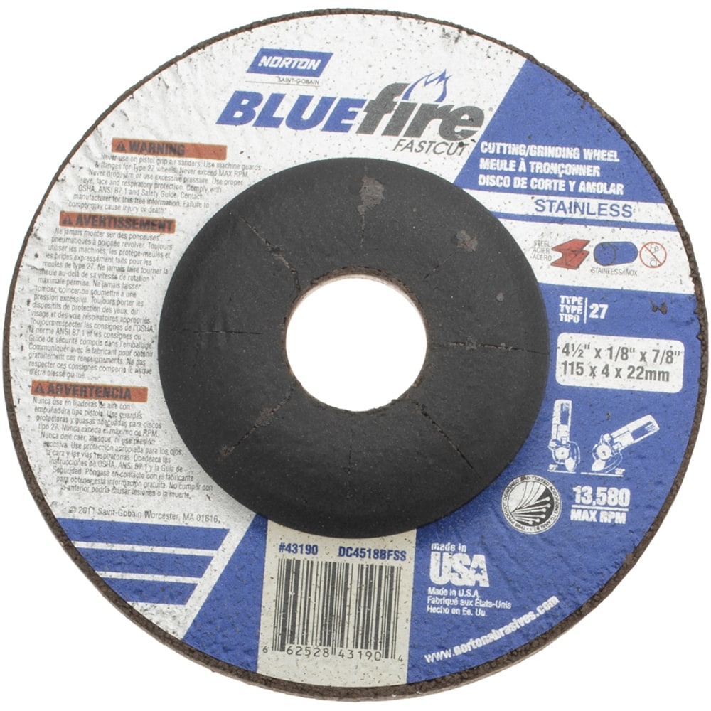 Depressed Grinding Wheel:  Type 27,  4-1/2" Dia,  1/8" Thick,  7/8" Hole,  Zirconia Alumina