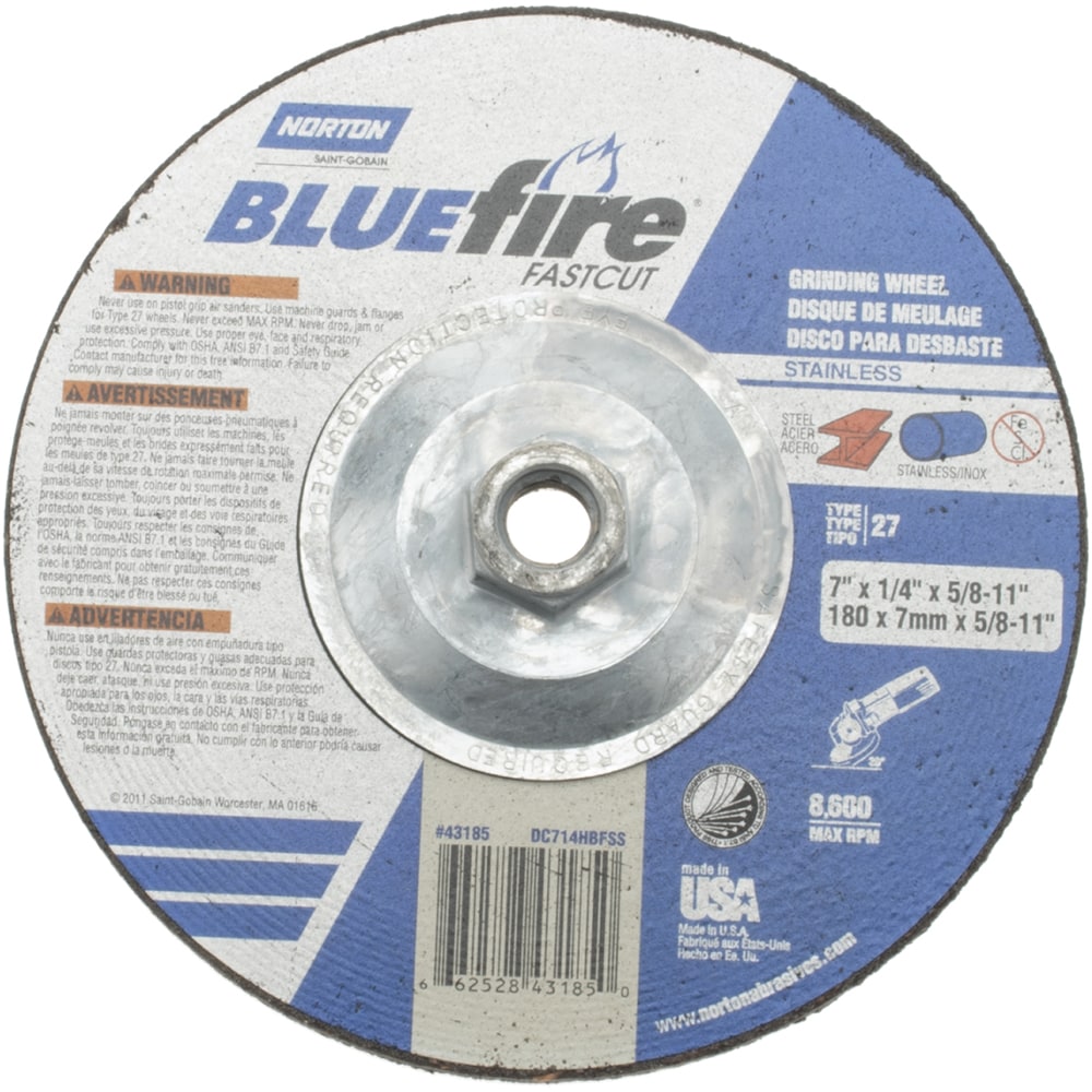Depressed Center Wheel: Type 27, 7" Dia, Zirconia Alumina