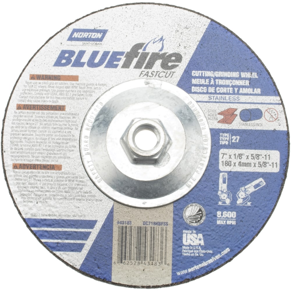 Depressed Center Wheel: Type 27, 7" Dia, Zirconia Alumina