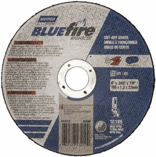 Cutoff Wheel: Type 1 (01/41), 6" Dia, 1/16" Thick, 7/8" Hole, Zirconia Alumina - 10185 Max RPM, Reinforced