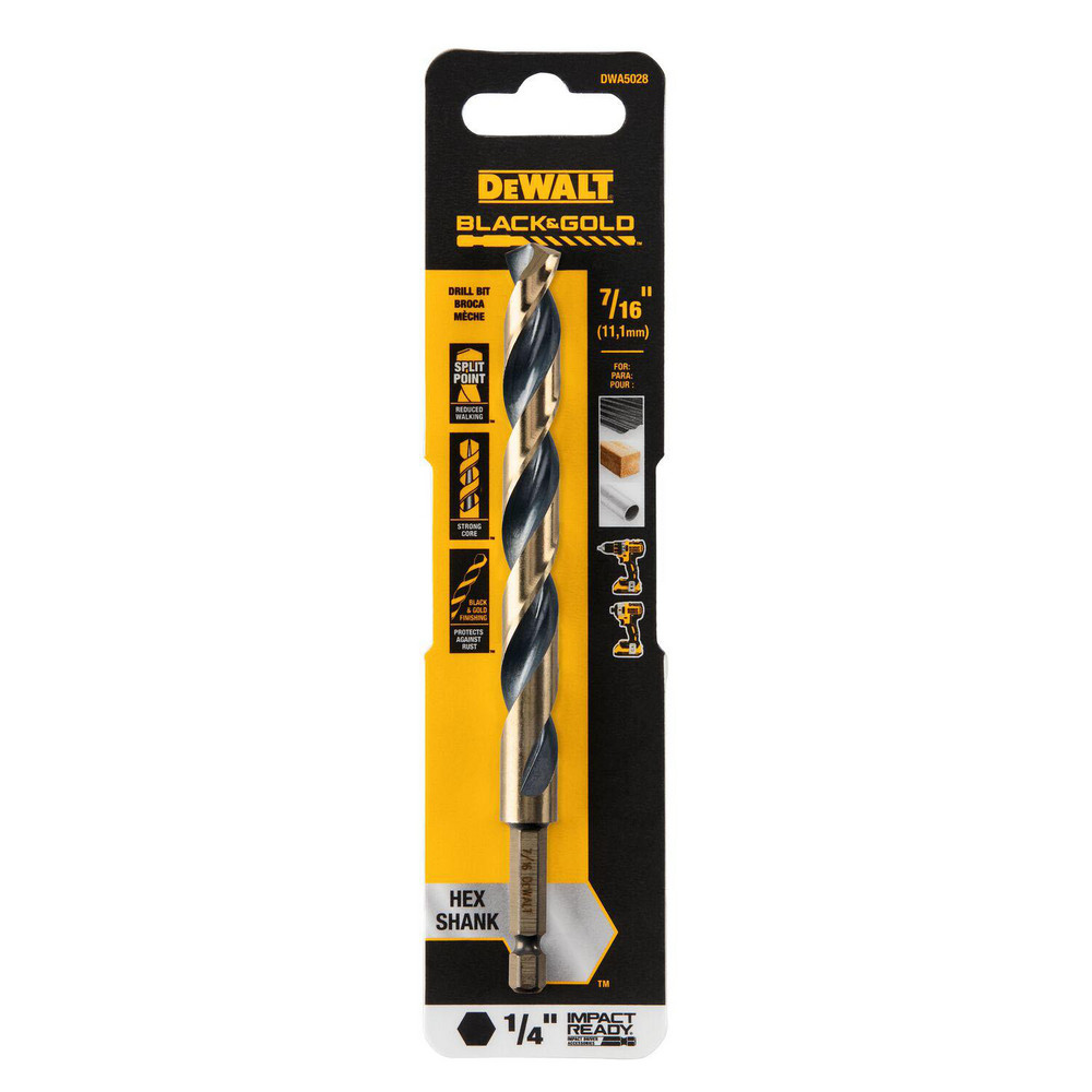 DeWALT Mechanics Drill Bit: 135&deg, High-Speed Steel, Hex Shank, Split-Point Point - Gold Finish, RH Cut Series BLACK & GOLD | Part #DWA5028