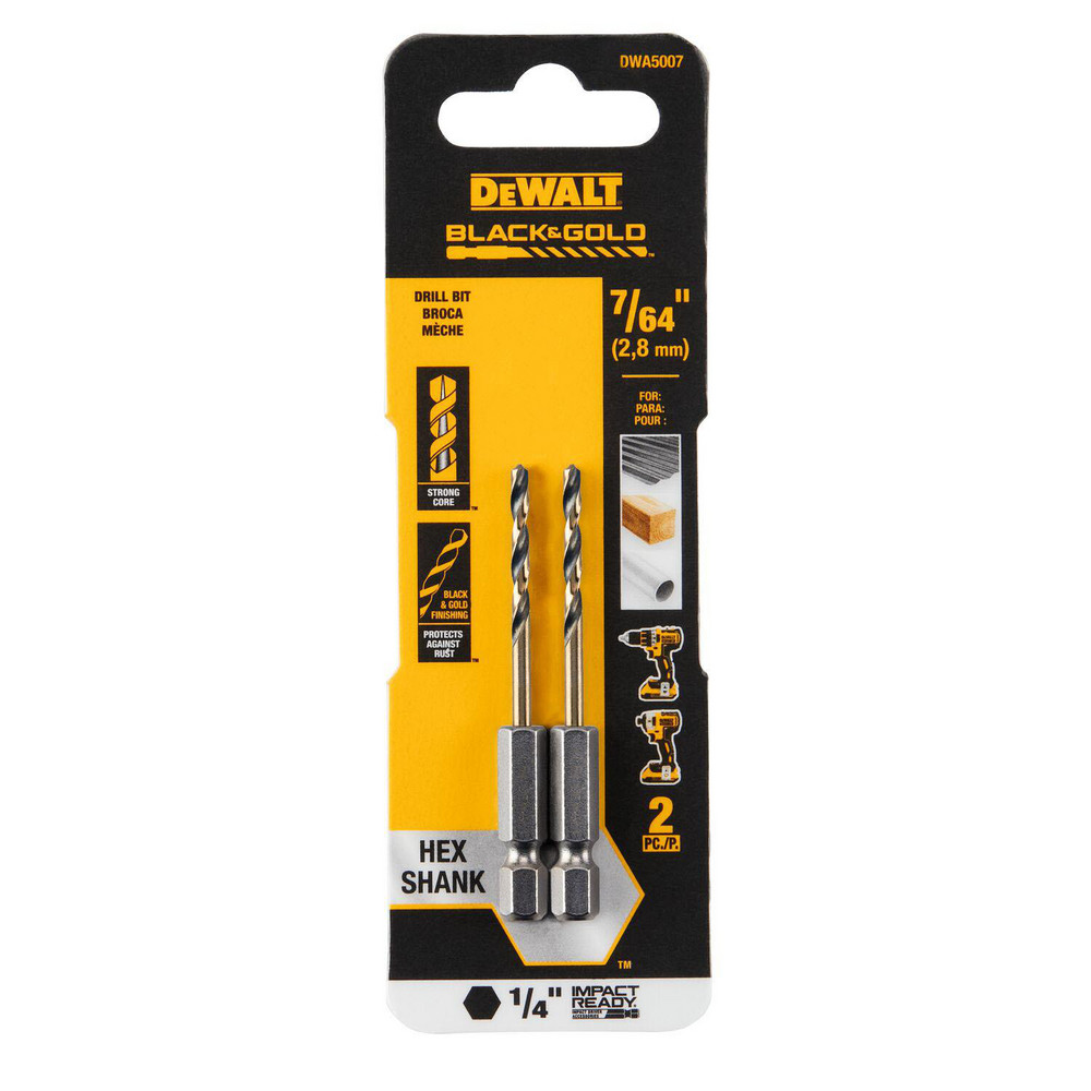 DeWALT Mechanics Drill Bit: 135°, High-Speed Steel, Hex Shank, Split-Point Point - Gold Finish, RH Cut Series BLACK & GOLD | Part #DWA5007