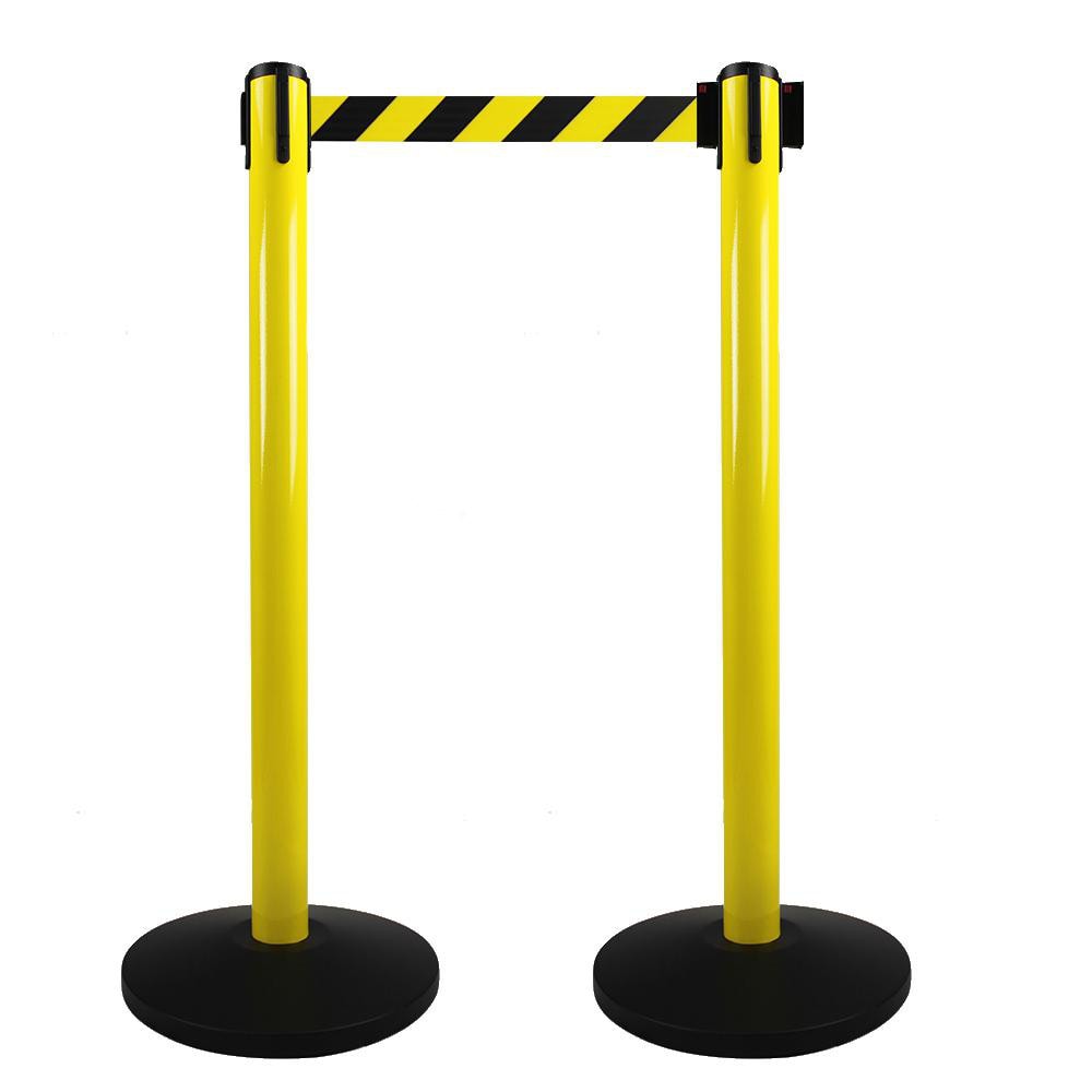 Retractable Belt Barrier Post: 10' Belt Length, Steel Post, Metal Base