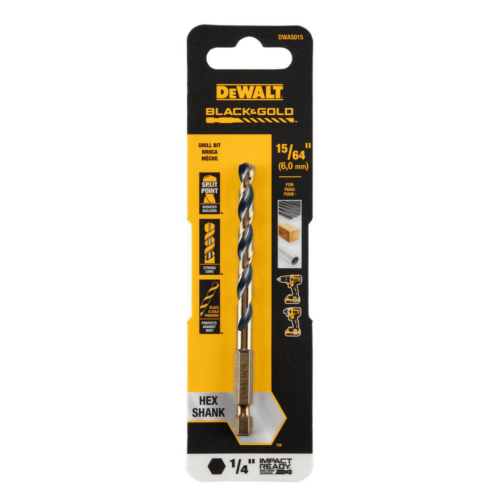 DeWALT Mechanics Drill Bit: 135°, High-Speed Steel, Hex Shank, Split-Point Point - Gold Finish, RH Cut Series BLACK & GOLD | Part #DWA5015