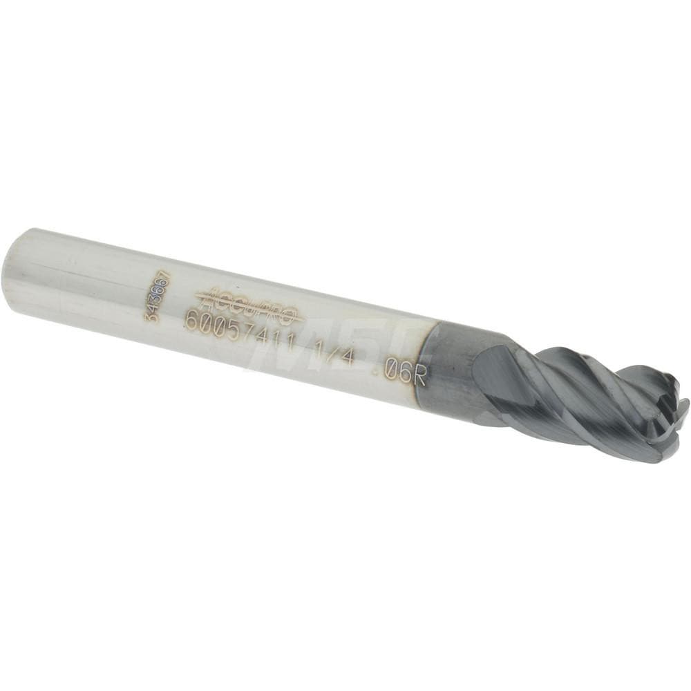 Accupro 12182815 Corner Radius End Mill: 1/4" Dia, 3/8" LOC, 0.06" Radius, 4 Flutes, Solid Carbide 