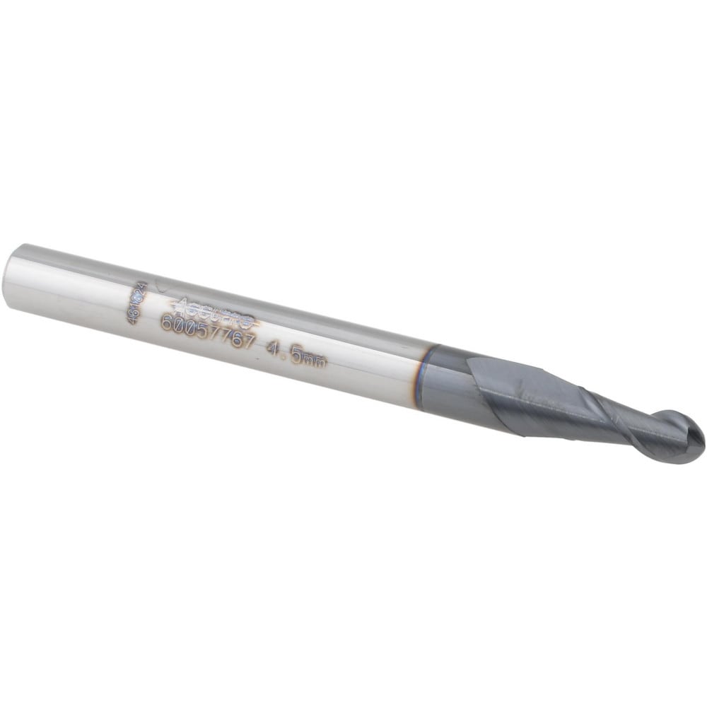 Ball End Mill: 4.50 mm Dia, 9.50 mm LOC, 2 Flute, Solid Carbide
