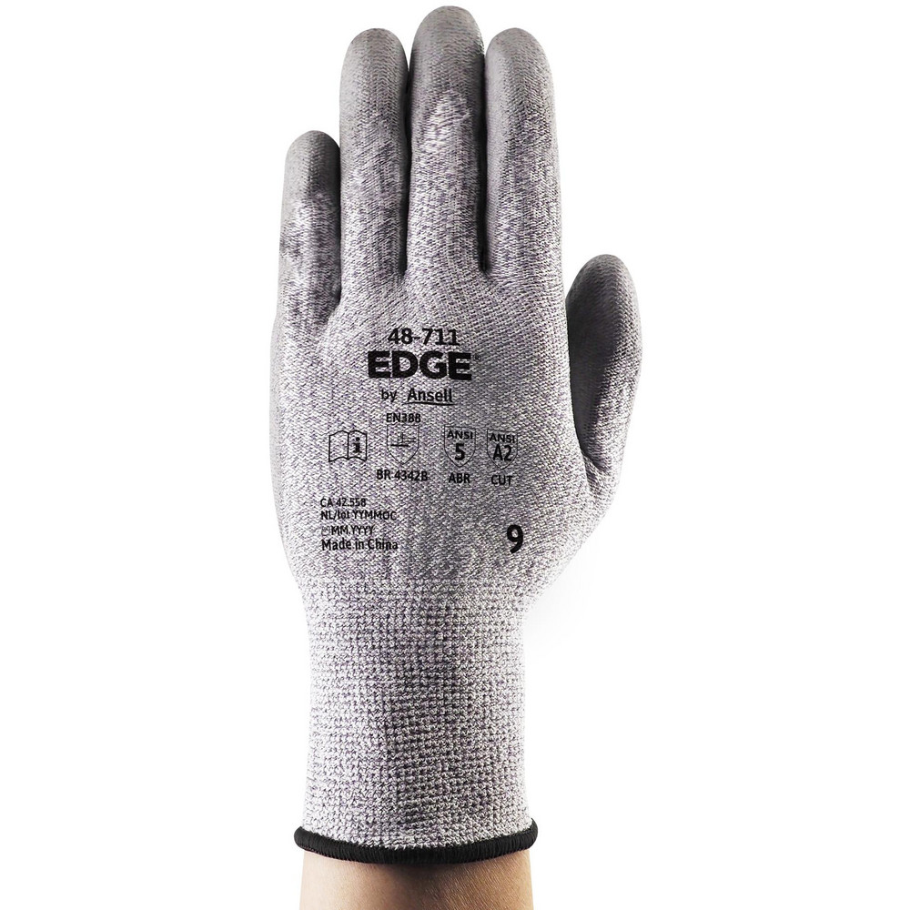 Work Gloves: Edge® 48-711, Size Large, Polyurethane-Coated Polyester, Spandex, HPPE & Polyurethane, General Purpose - Gray, 9-3/4" OAL, Polyester, Spandex & HPPE Lined, Sandy Grip, Pair