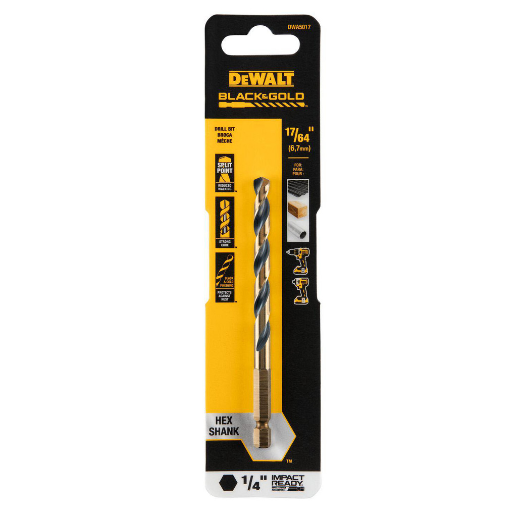 DeWALT Mechanics Drill Bit: 135°, High-Speed Steel, Hex Shank, Split-Point Point - Gold Finish, RH Cut Series BLACK & GOLD | Part #DWA5017