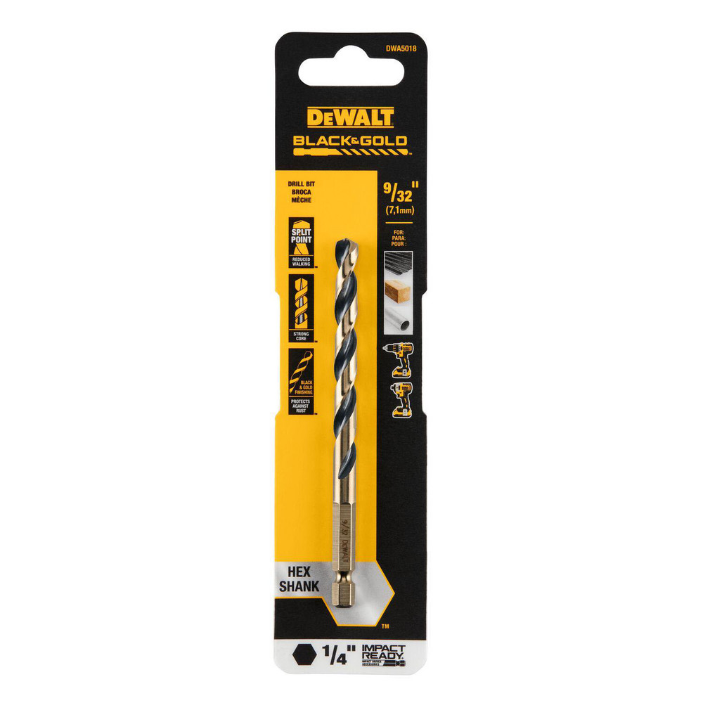 DeWALT Mechanics Drill Bit: 135&deg, High-Speed Steel, Hex Shank, Split-Point Point - Gold Finish, RH Cut Series BLACK & GOLD | Part #DWA5018