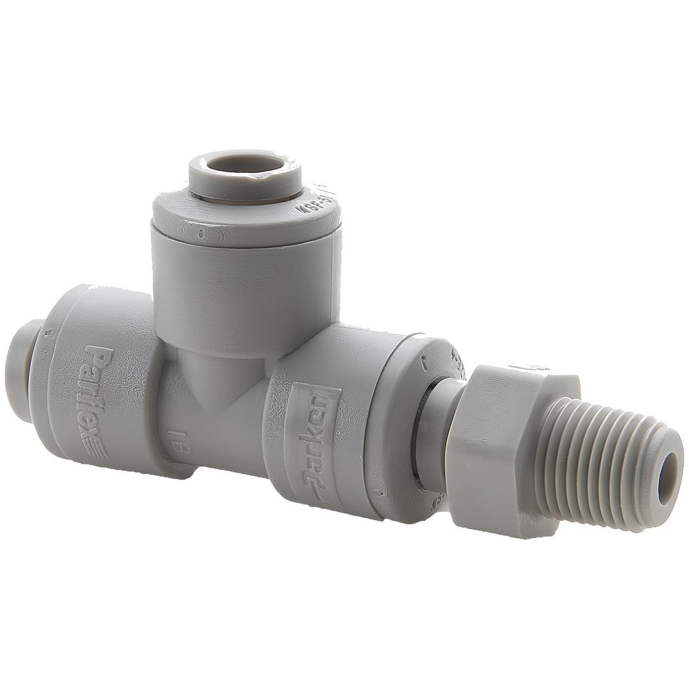 Push-To-Connect Tube Fitting: Male Swivel Run Tee, 1/4" Thread, 1/4" OD