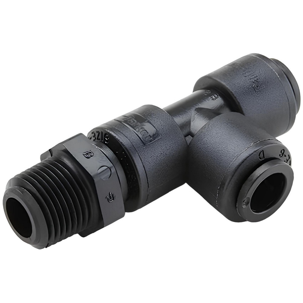 Push-To-Connect Tube Fitting: Male Swivel Run Tee, 1/8" Thread, 1/4" OD
